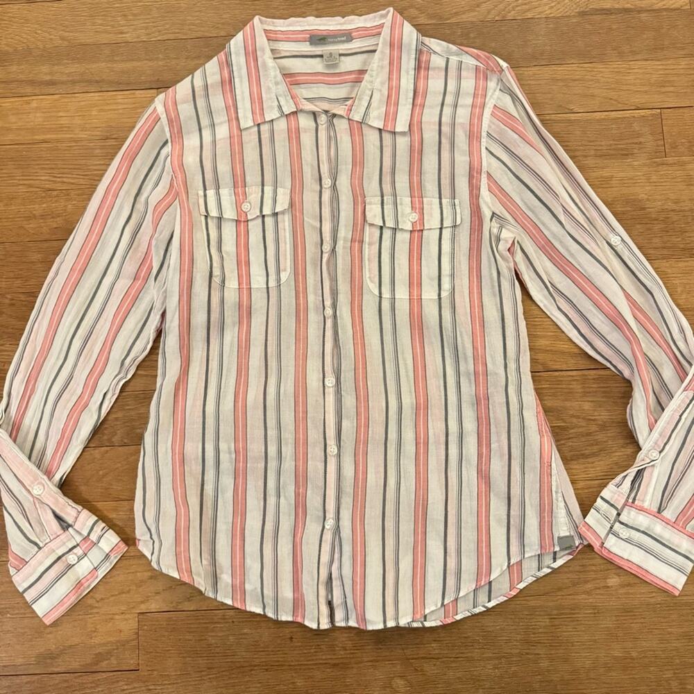 Horny Toad white pink stripe striped lightweight button up blouse sz small S b44